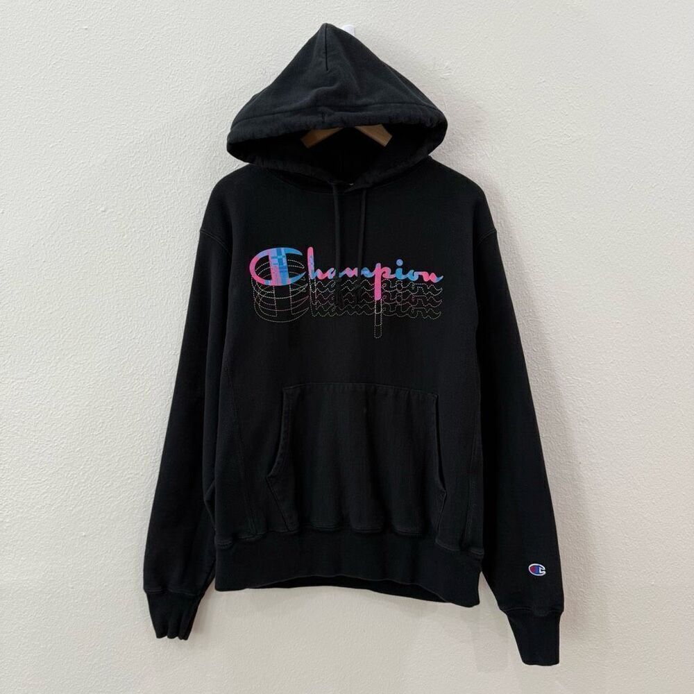 Vintage Champion Reverse Weave Men's Medium Black Holographic Logo Sweatshirt